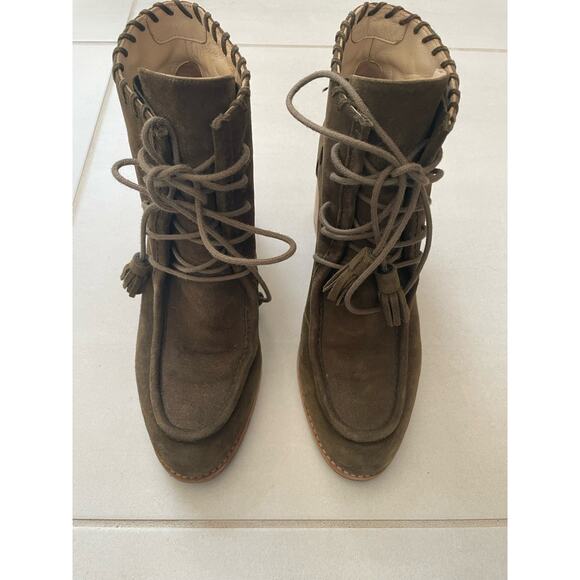 Stuart Weitzman Ankle Boots Wallawalla Suede Lace Up Tassels Green - Picture 8 of 16